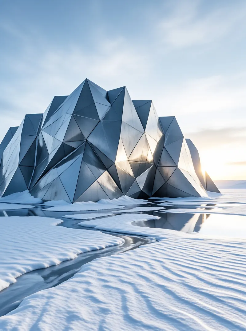 Faceted metal structure standing in vast snowy landscape with frozen river winding through foreground under low sunlight.