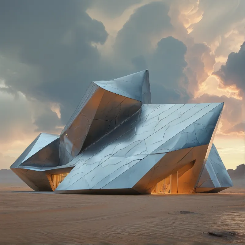 A sharp geometric edifice stands on a sandy plain beneath a dramatic sky filled with heavy clouds and warm light.