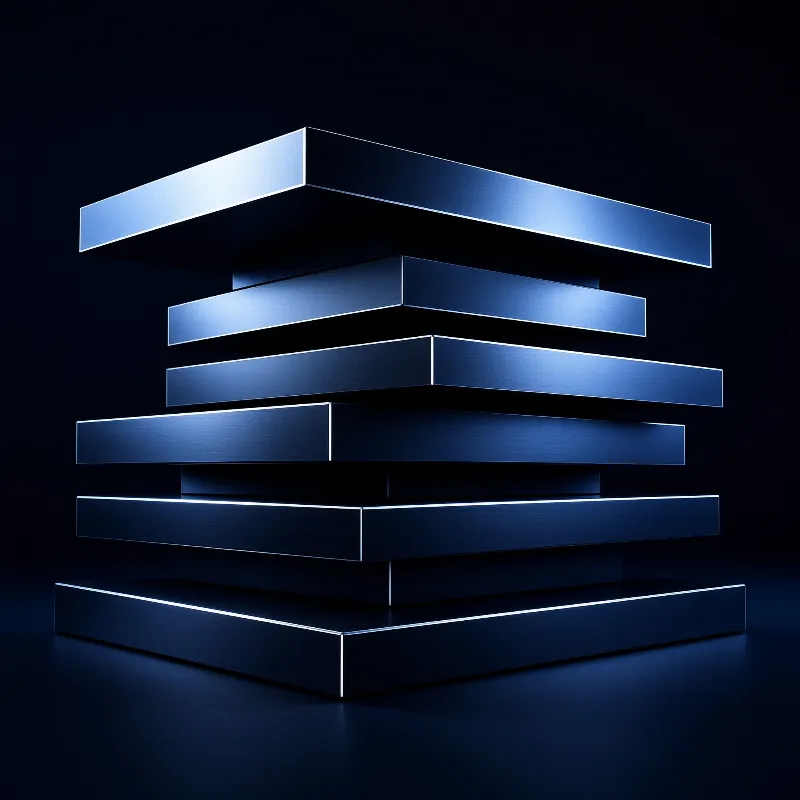 A vertical stack of blue metallic plates floats within a pitch black void with bright edge lighting.