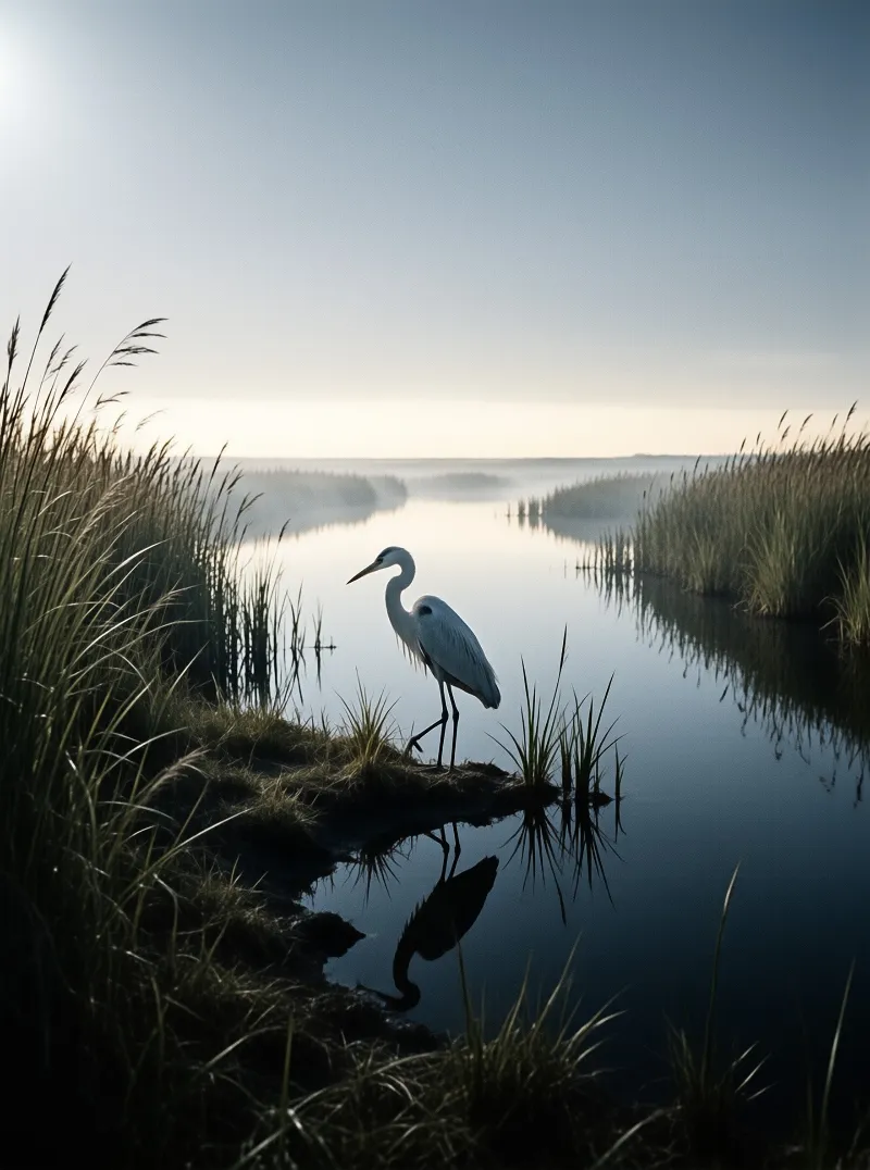 A white heron stands on a muddy shore amidst tall reeds and calm misty water reflecting the sky.