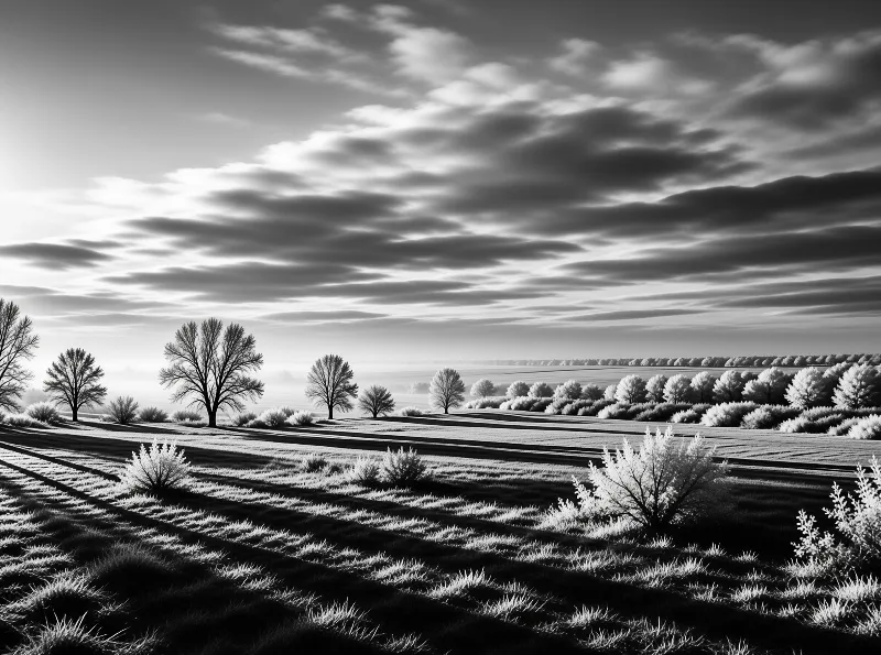 A black and white landscape of a grassy field with scattered trees casting long dark shadows across the foreground.