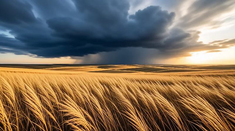 Golden wheat fields roll toward hills where dark storm clouds contrast with bright sunset light.