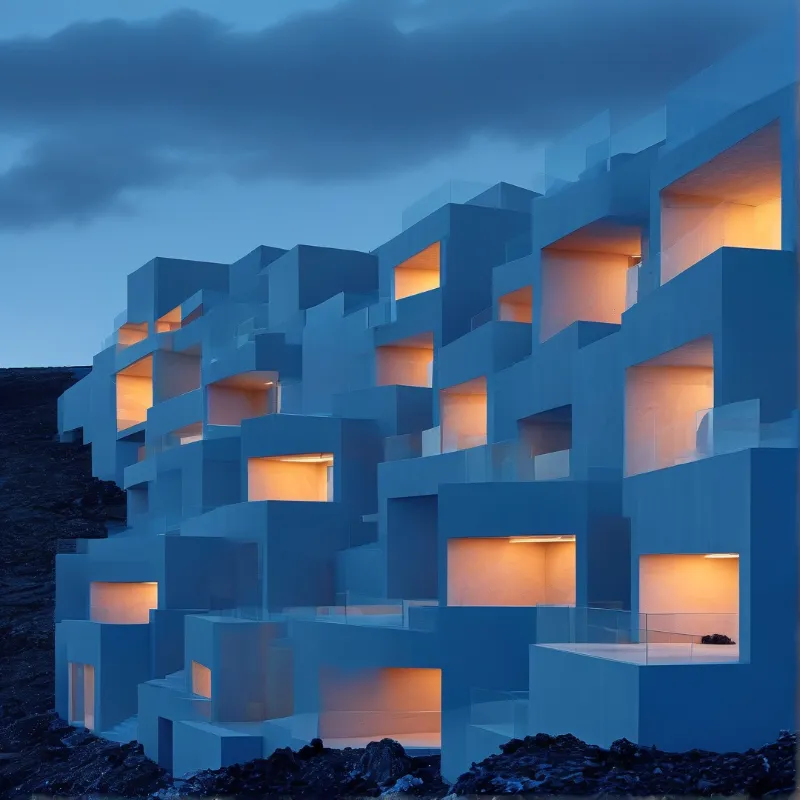 A geometric structure displays recessed sections emitting warm orange light against a dark blue twilight sky.