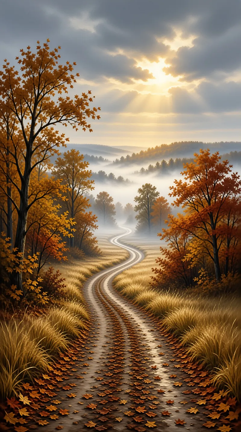 A curved unpaved trail disappears into foggy hills surrounded by trees with bright orange leaves and tall grass.