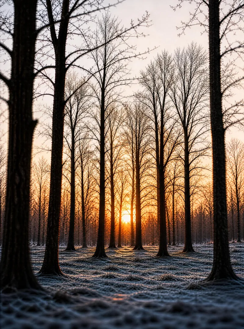 A forest of tall bare trees with the sun setting, casting warm golden light on the frosty ground and creating a tranquil natural scene