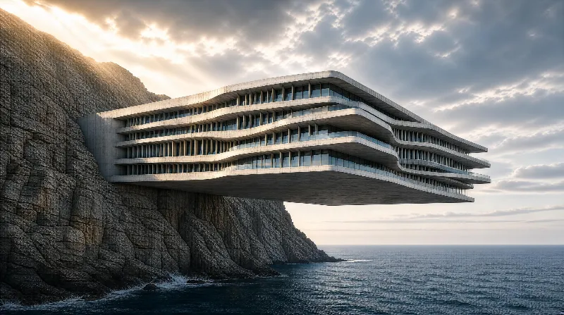 Modern Cliffside Building Over Ocean