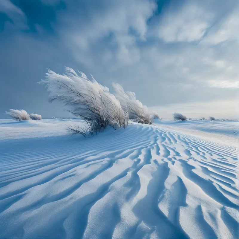 Snow Dunes and Frosty Shrubs