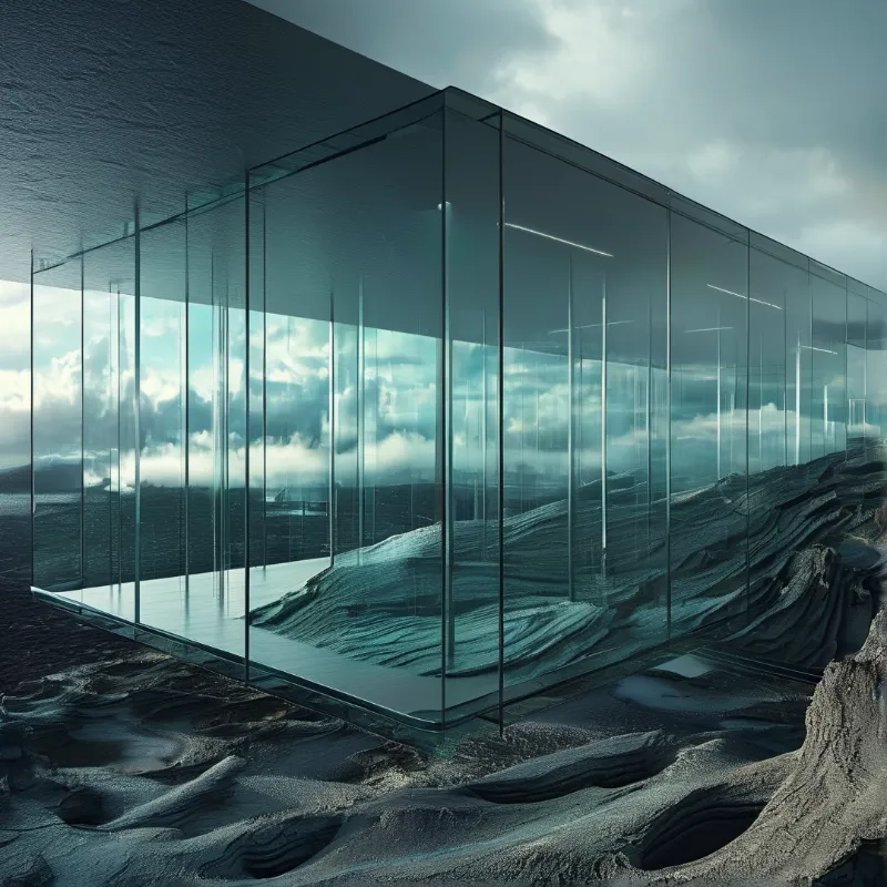 A transparent rectangular room stands on rippled ash ridges, its walls mirroring a heavy clouded sky.