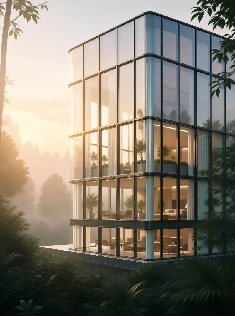 Glass Tower in Misty Forest