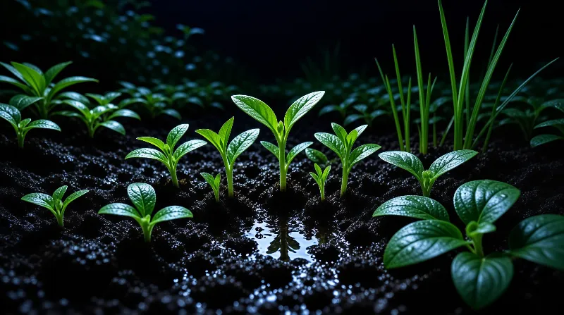 Vibrant green seedlings sprout from wet dark soil with a small puddle reflecting the young plants.