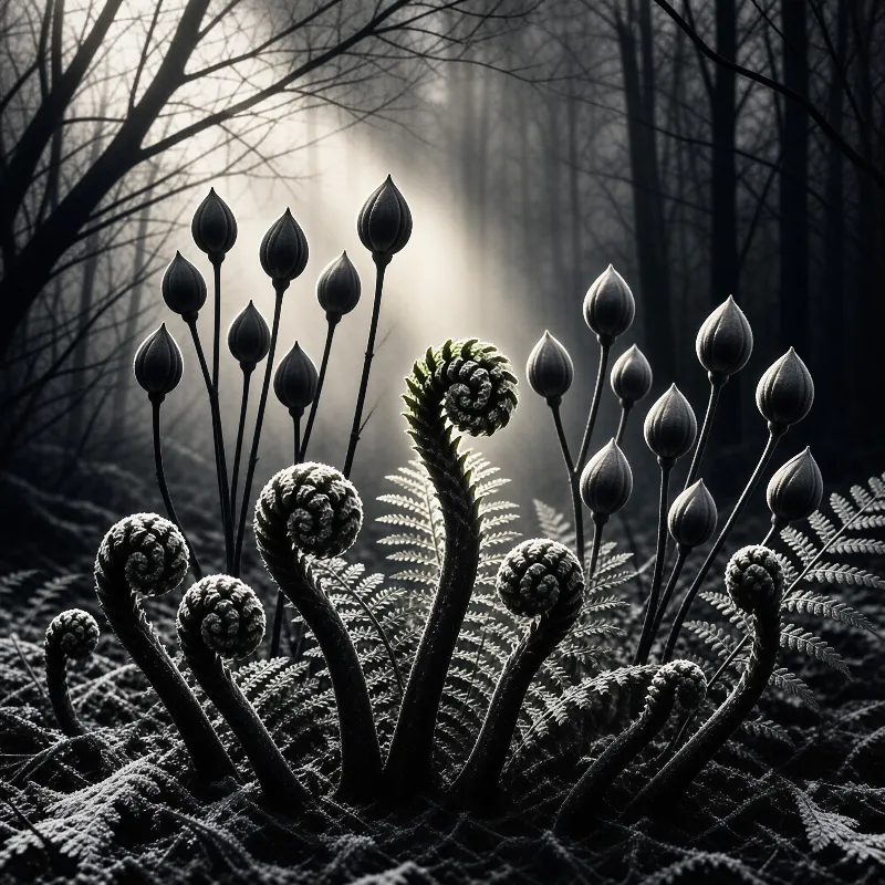 Black and white photo of coiled ferns and tall flower buds rising from the forest floor amidst foggy trees and sunlight.