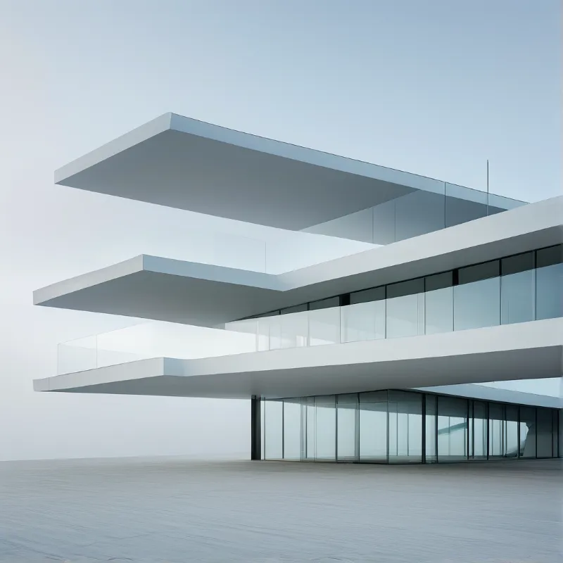A minimalist white building with glass railings stands on a vast flat surface under a pale uniform sky.