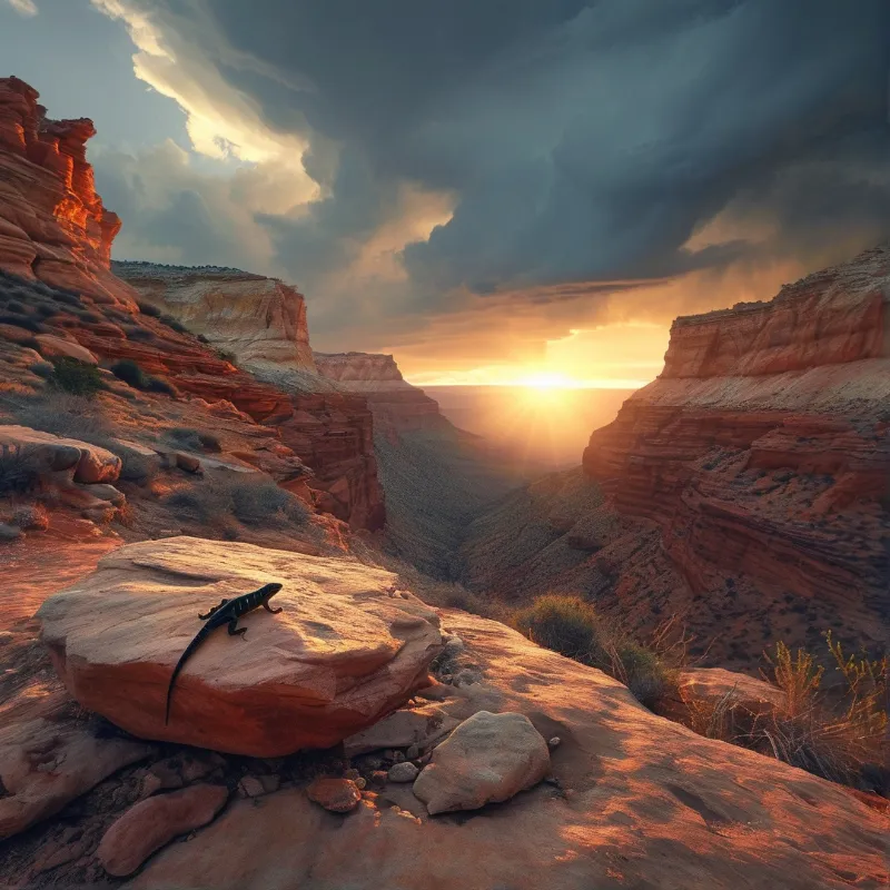 A dark lizard stretches along a sunlit boulder as storm clouds break over the canyon at sunset.