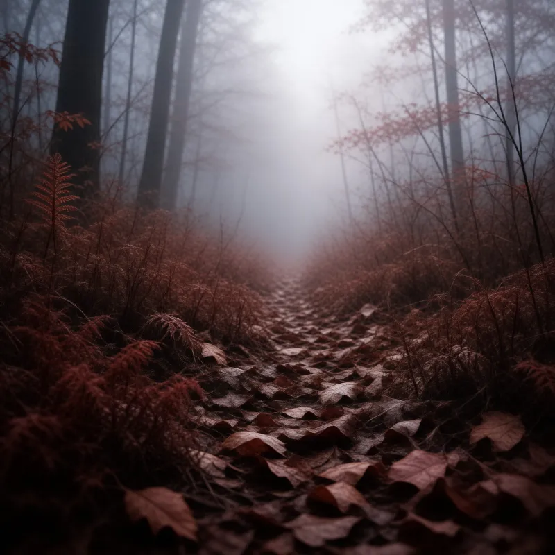 A carpet of brown fallen leaves lines a winding path that disappears into the thick grey fog of a quiet autumn forest