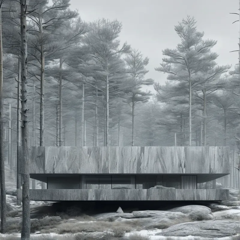 A low modernist concrete pavilion rests among tall frosted pines in a muted monochrome winter woodland.