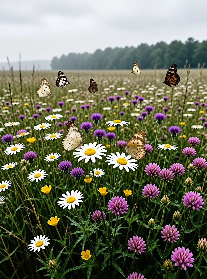 A cluster of multi colored butterflies flies above a field full of daisies and clover under a cloudy grey sky.