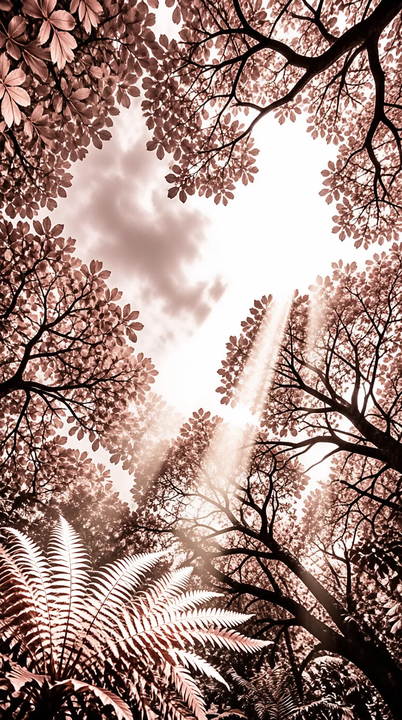 A low angle shot looking up through a dense forest canopy with ferns and sunlight filtering through in sepia tones.
