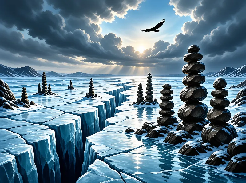 Dark piled rocks rise from a fractured blue glacial surface while sunlight filters through grey clouds above distant peaks.
