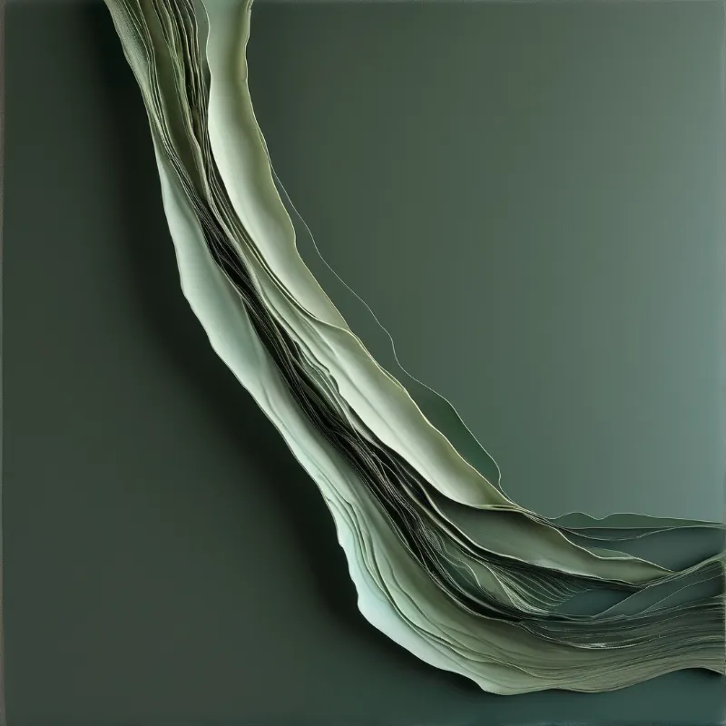 A pale green layered structure flows diagonally across a dark teal surface creating soft shadows between the thin sheets.