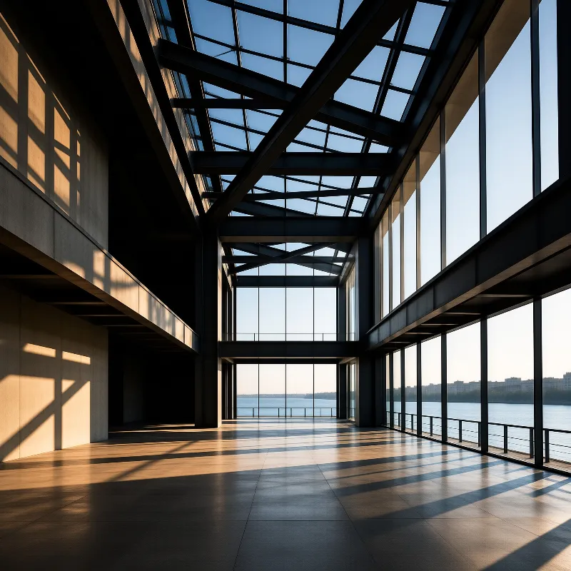 A spacious modern interior features high ceilings and steel beams overlooking a calm river under a clear blue sky.