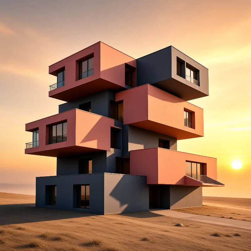 A geometric building of stacked terracotta and dark grey cubes stands in a sandy desert under an orange sunset sky.