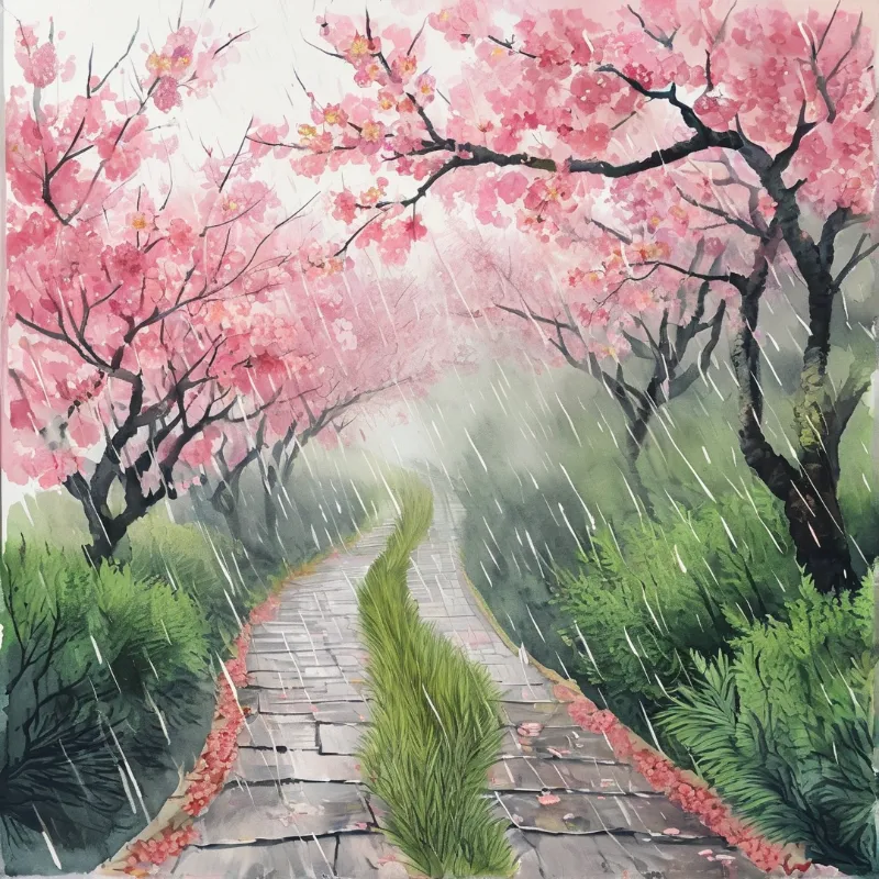A wet stone path winds through greenery and pink cherry blossoms while diagonal rain streaks fall across the scene.
