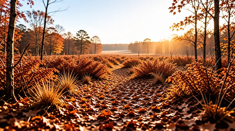 A leaf-covered trail winds through low ferns glowing amber in the light of a setting autumn sun.