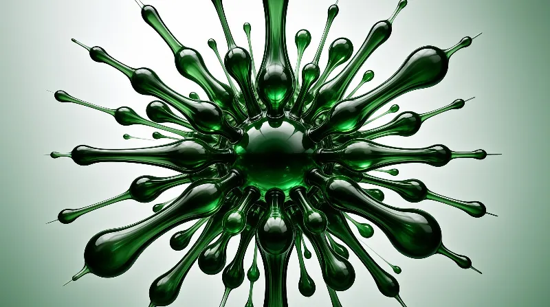 Glossy emerald teardrops of glass explode outward from a central sphere against a soft pale green gradient.