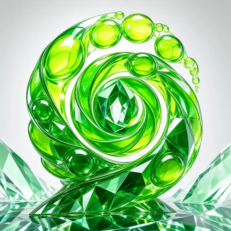 Translucent green swirling sculptural form with a faceted emerald gem core sits atop a polished faceted reflective surface.