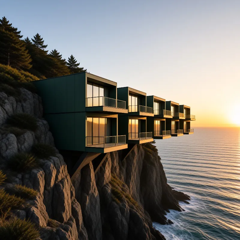 A series of dark green modern homes cantilevered off a rocky cliff facing the ocean at sunset.