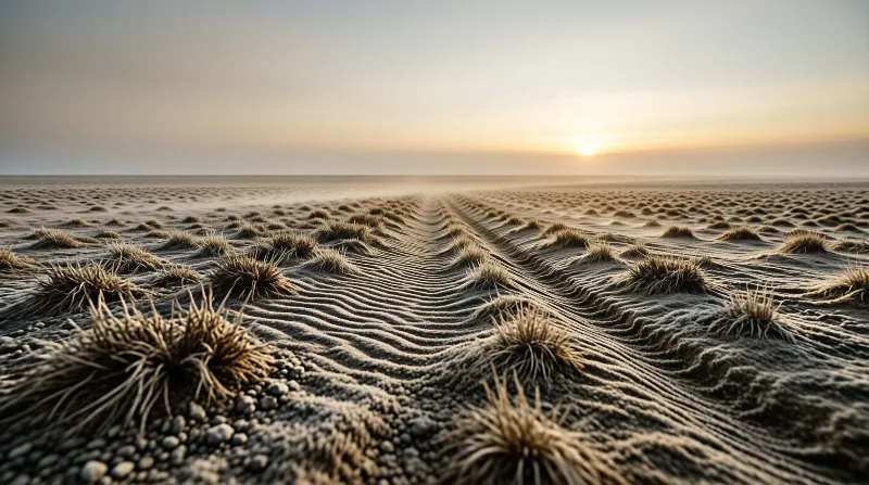 Expansive desert ground showing textured sand waves and small dry grass bushes leading towards a glowing sun on the horizon.