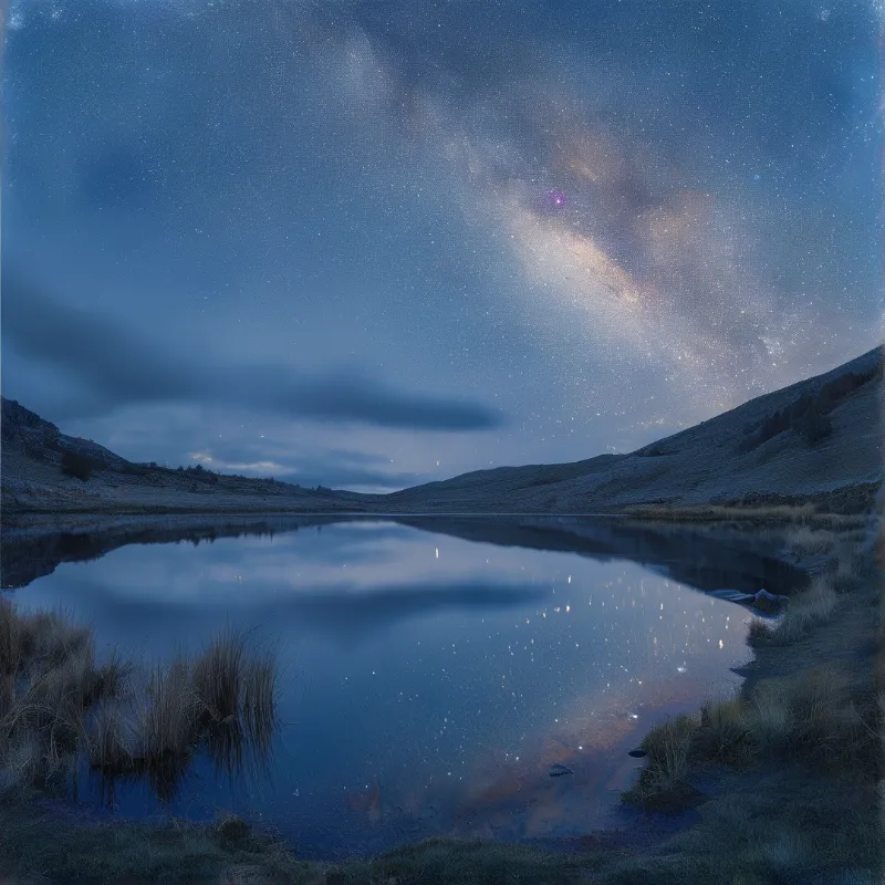 Bright stars and the Milky Way arc over a still lake mirroring the night sky and surrounding hills.