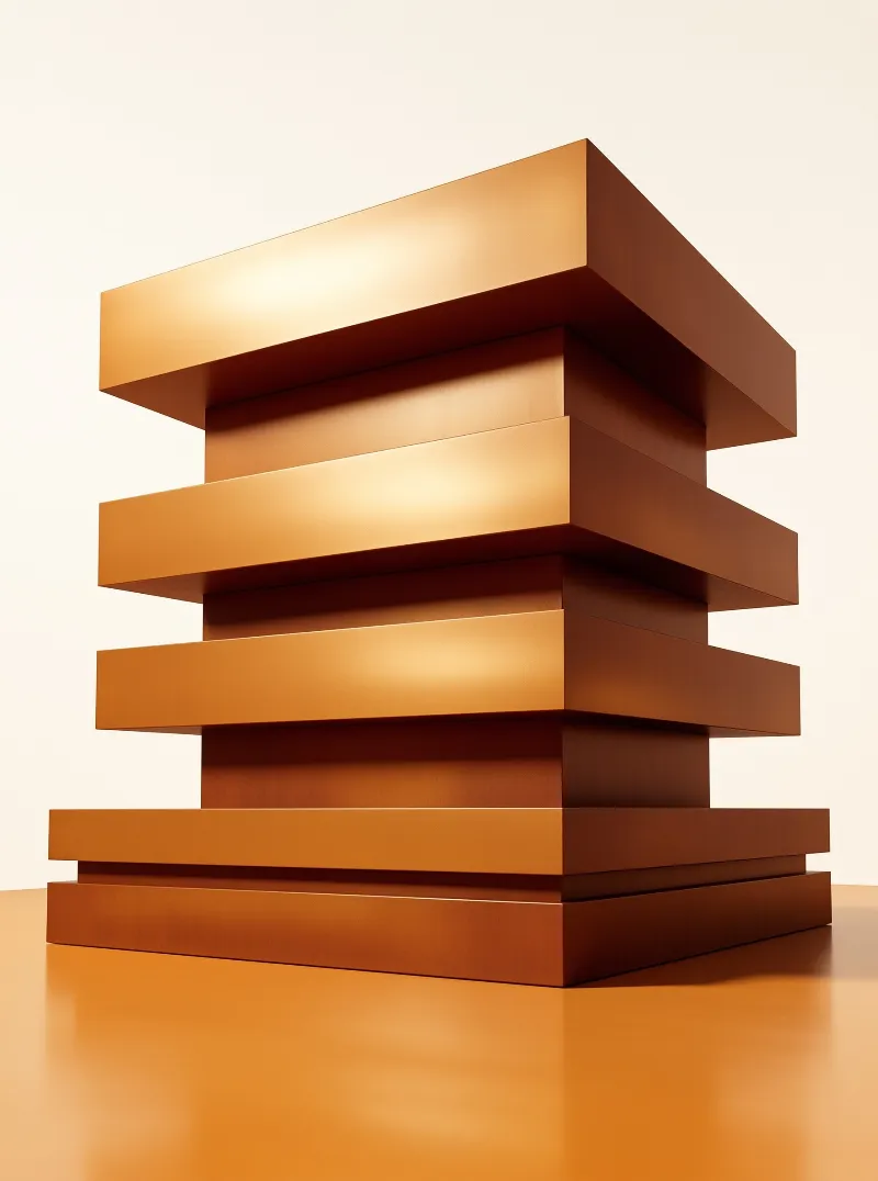 Several polished copper planks stacked to form a geometric tower in a white studio