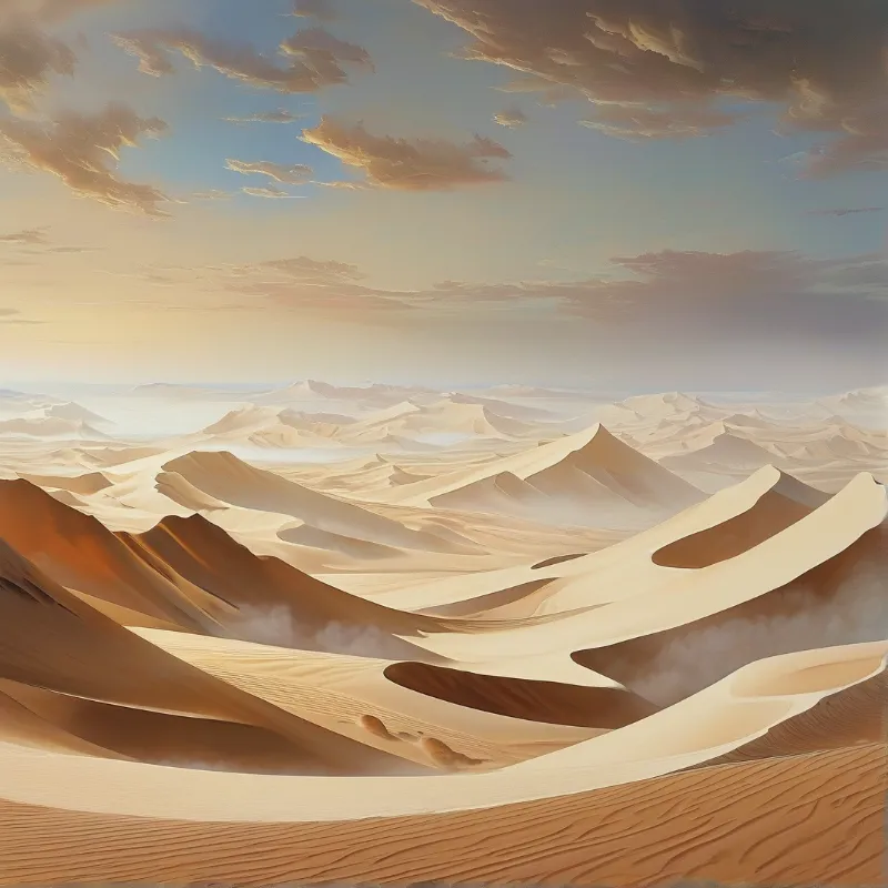Vast desert landscape with rolling sand dunes bathed in soft morning light under a sky with scattered clouds