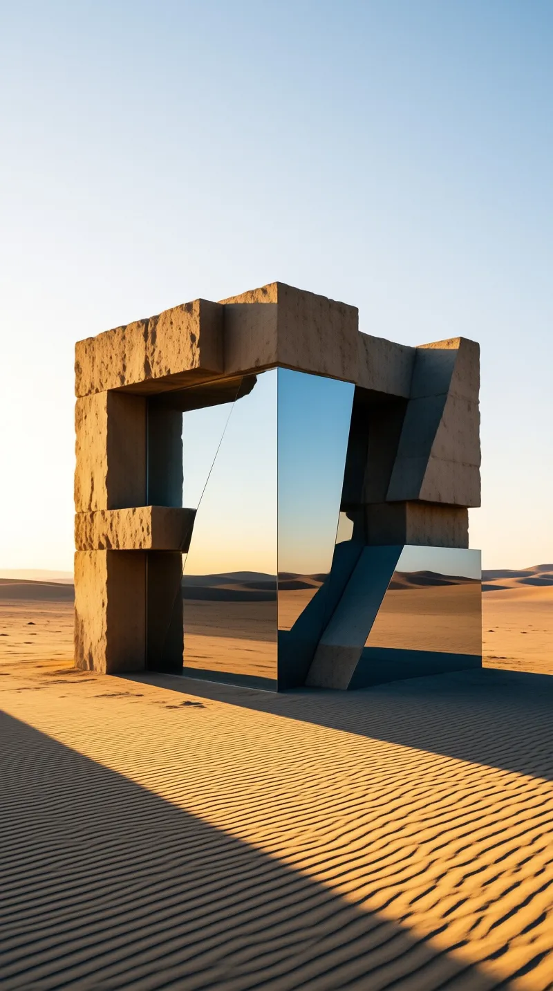 A large abstract stone structure with a reflective surface stands in a sandy desert landscape during golden hour.