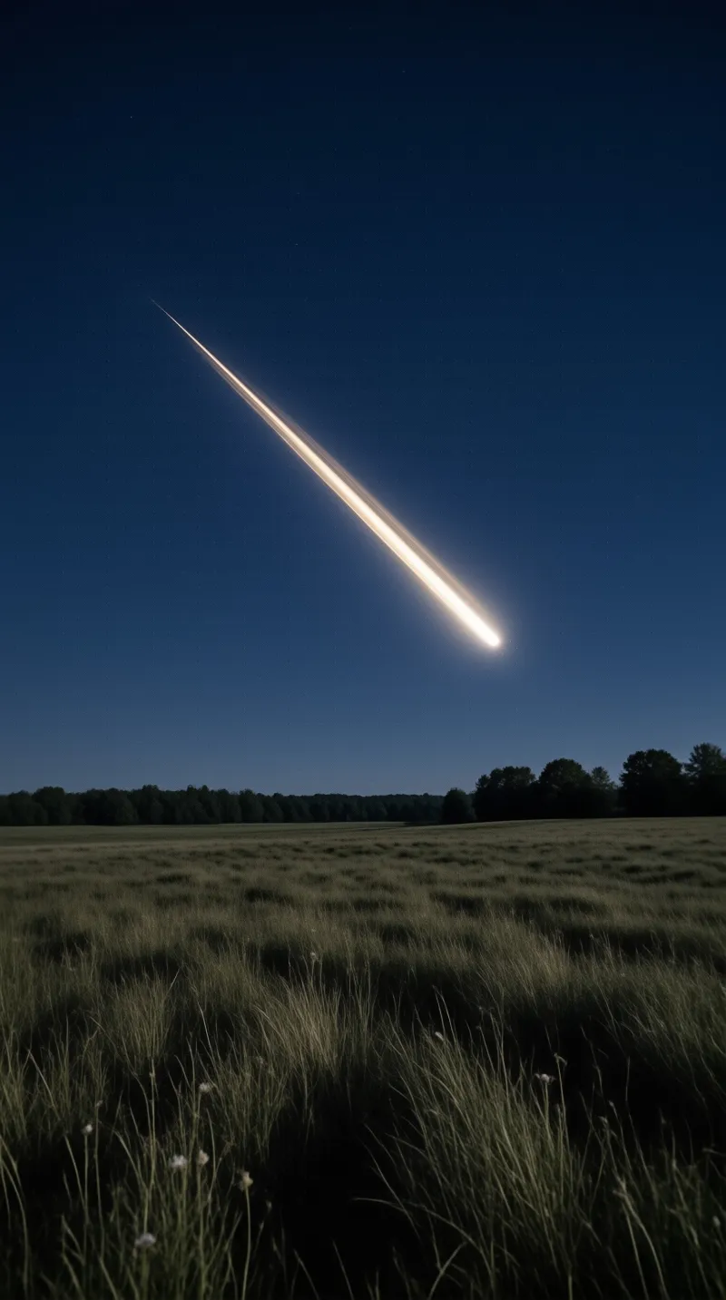 A bright meteor leaves a long luminous trail across the deep blue night sky above a dark grassy field.