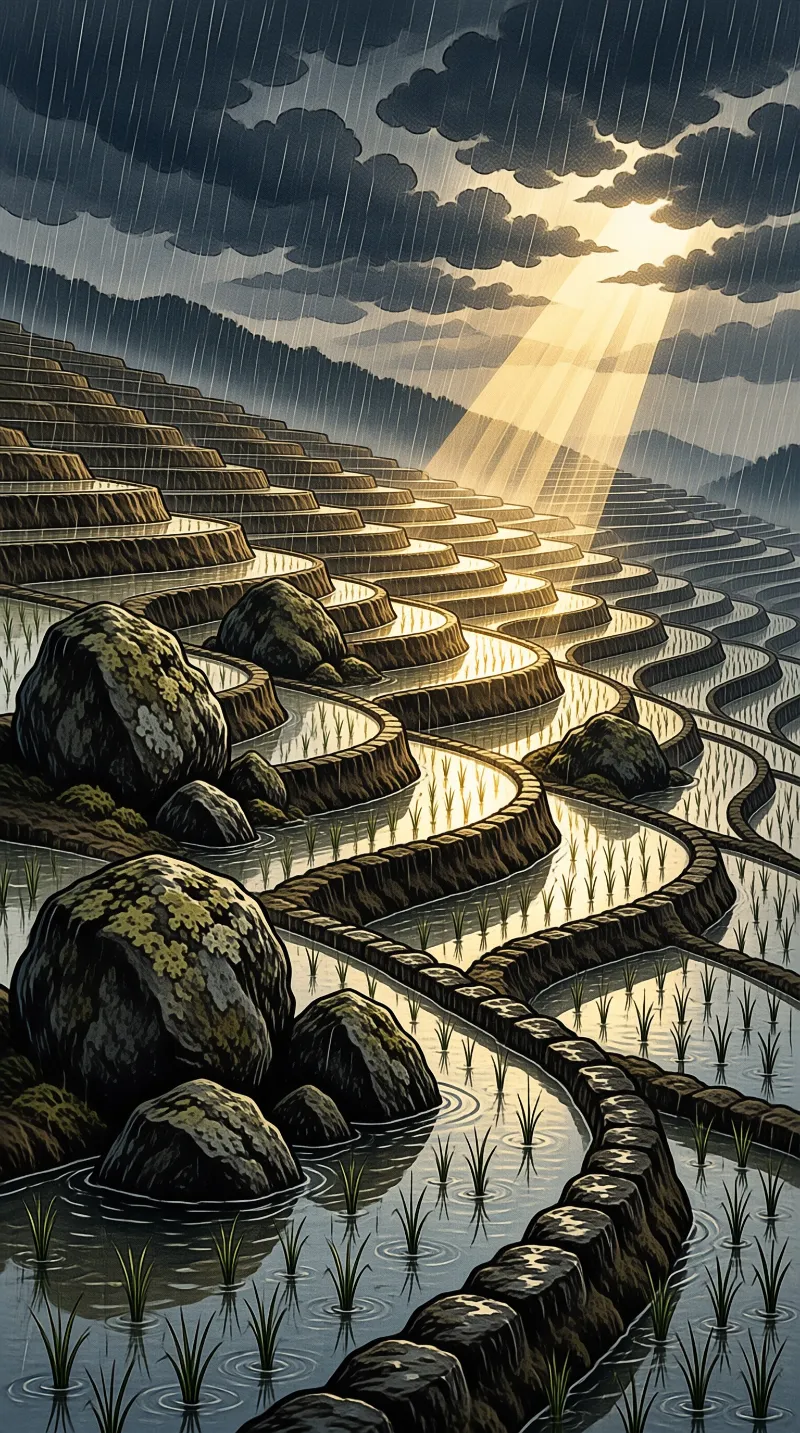 Water filled rice terraces curve around dark boulders under heavy rain while a bright golden sunbeam pierces storm clouds
