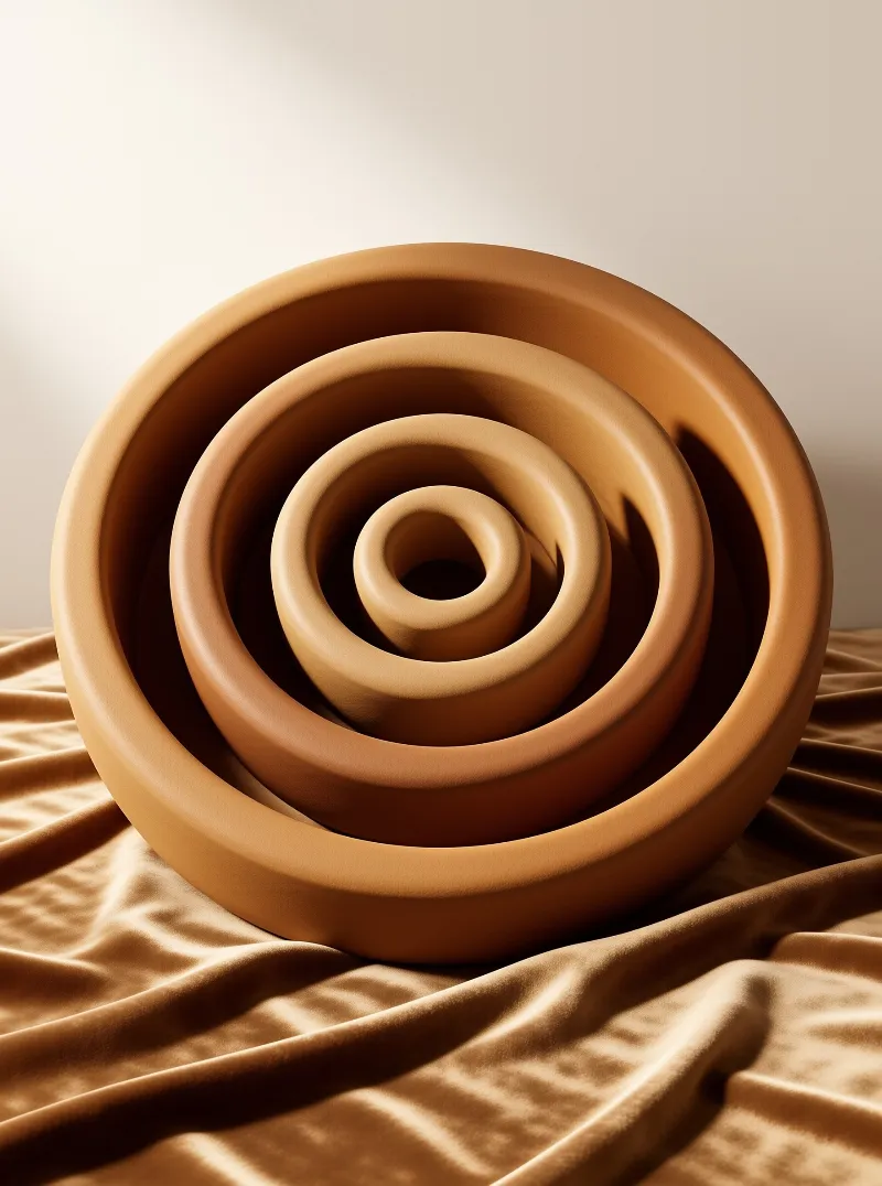 Concentric matte clay rings nest inside one another atop folds of glossy caramel silk under soft warm studio lighting