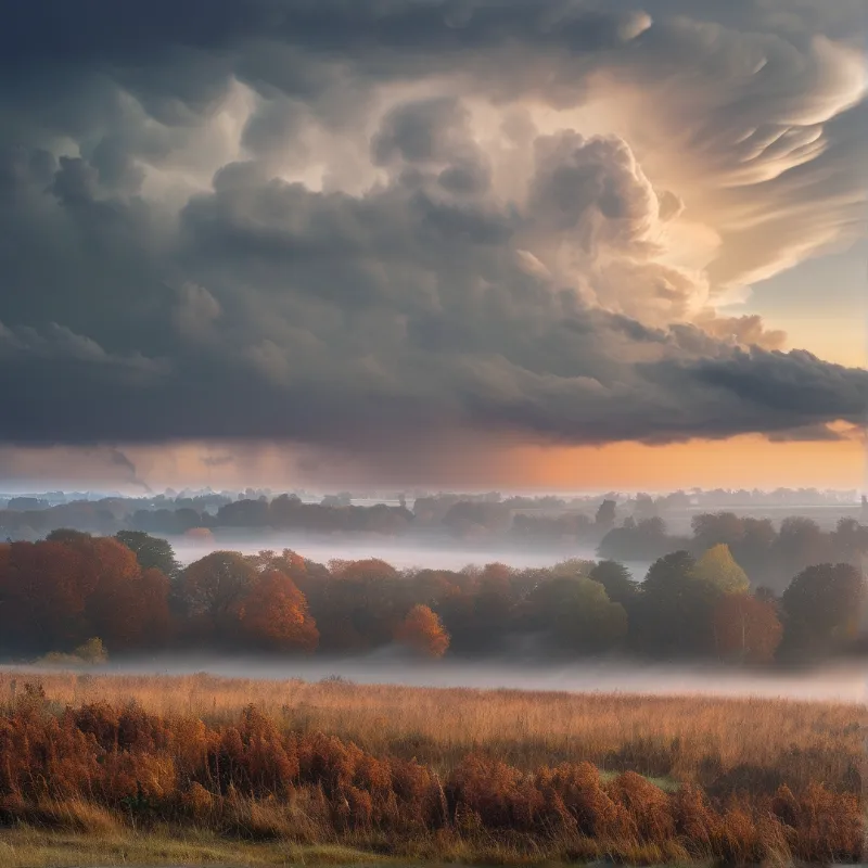 Huge dark clouds hang over a foggy valley with orange trees and golden grass lit by warm sunset light.