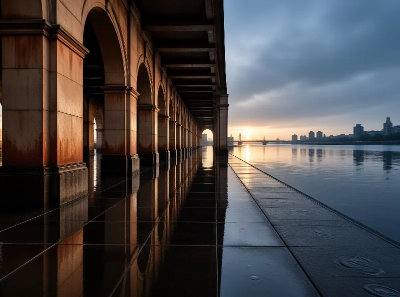 Warm arches repeat down a flooded embankment walk as the sun drops behind a distant bridge and low city skyline.