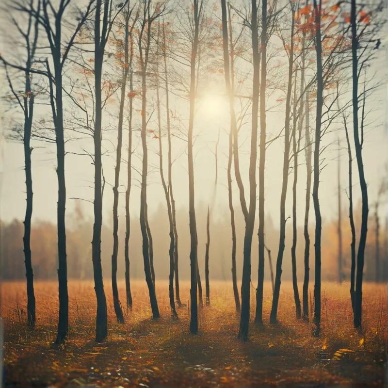 Slender trees stand in dry grass while the sun shines through bare branches creating a warm golden glow across the scene.