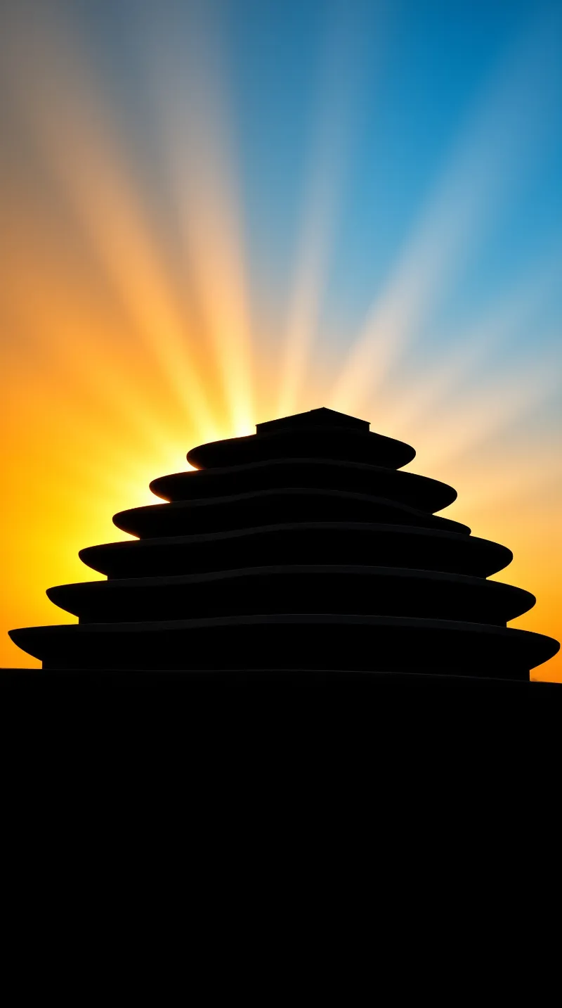 A dark tiered roof stands in profile against a sky radiating golden and blue light.