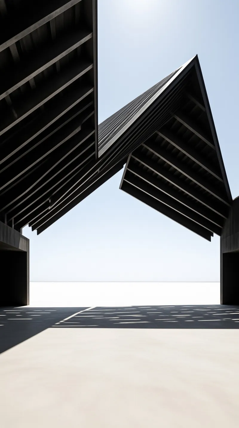 Dark architectural beams create a framing effect over a white landscape with strong geometric shadows.