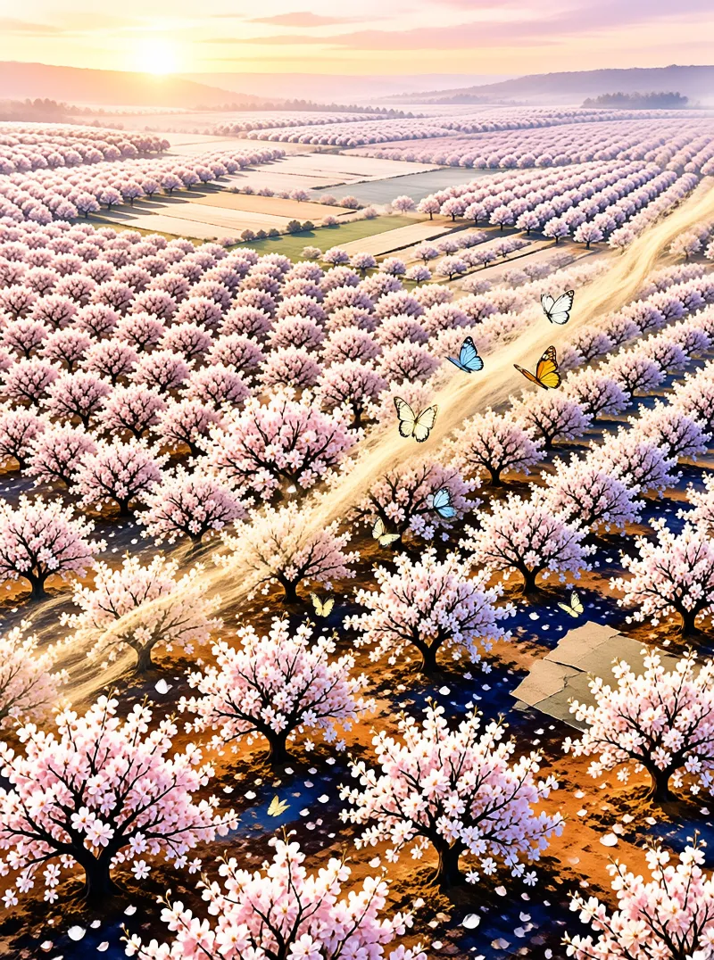Rows of pink cherry trees create a tunnel effect along a rural path as butterflies drift in the golden hour glow.