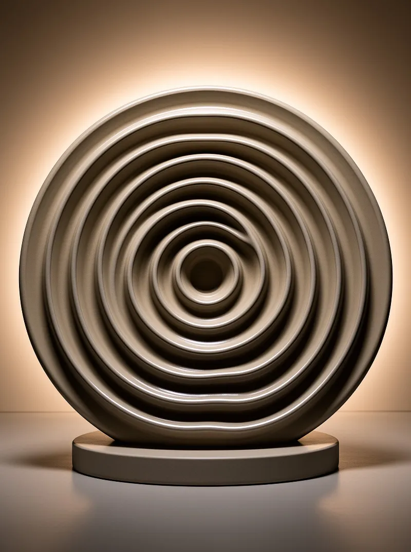 A beige spiral art object rests on a round base illuminated by soft warm lighting.