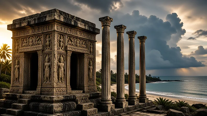 A weathered carved temple and fluted columns stand on a tropical shoreline beneath a stormy golden sky.