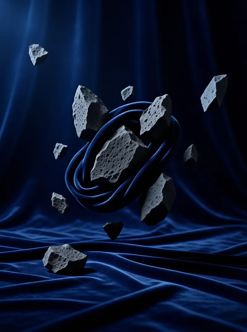 Dark porous rocks float around a swirling ring of deep blue velvet fabric illuminated by dramatic side lighting.