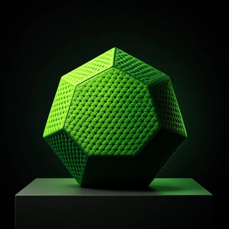 A vibrant green polyhedron with a scale-like texture rests on a dark pedestal against a black background.