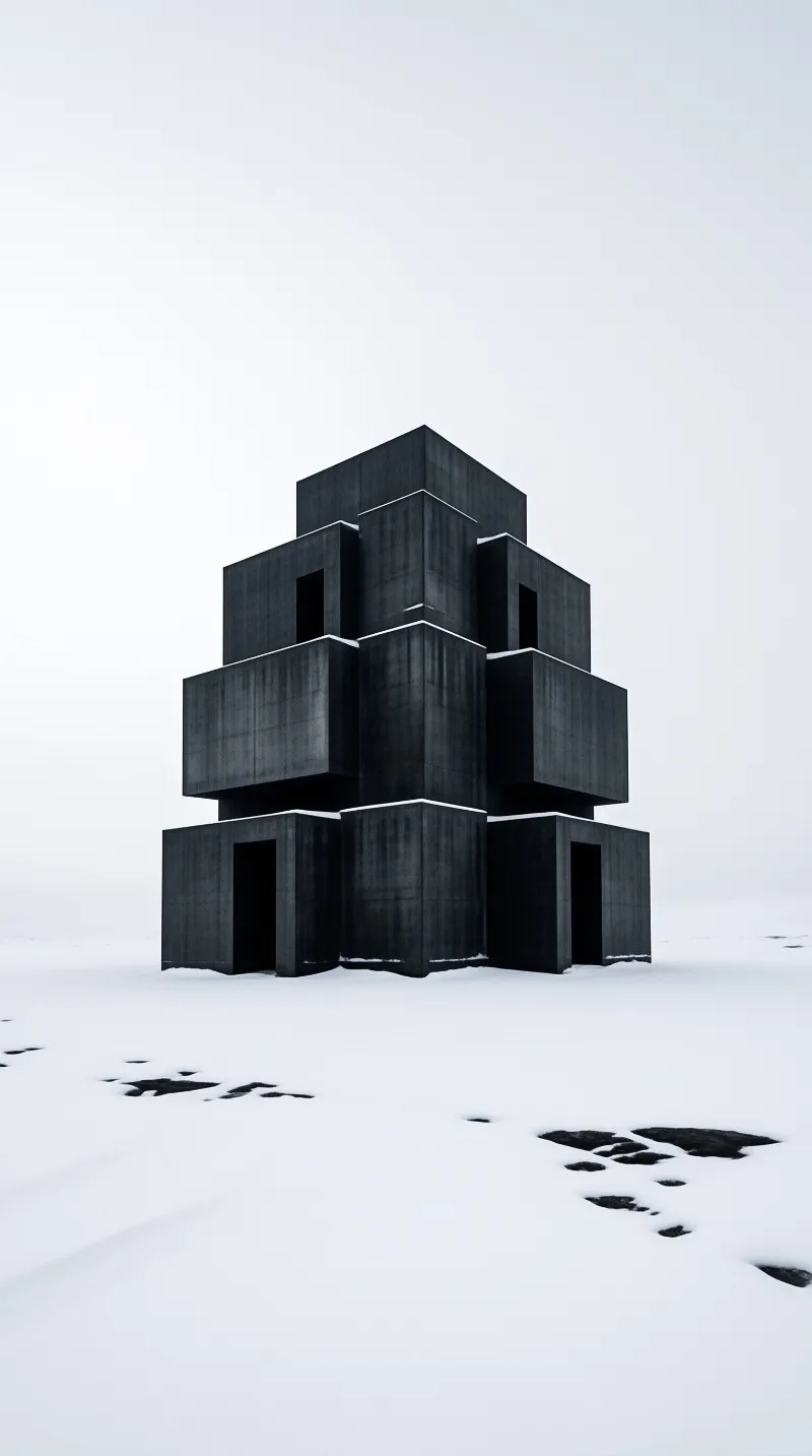 A massive dark structure composed of stacked cubes is isolated within a vast white landscape under grey skies.