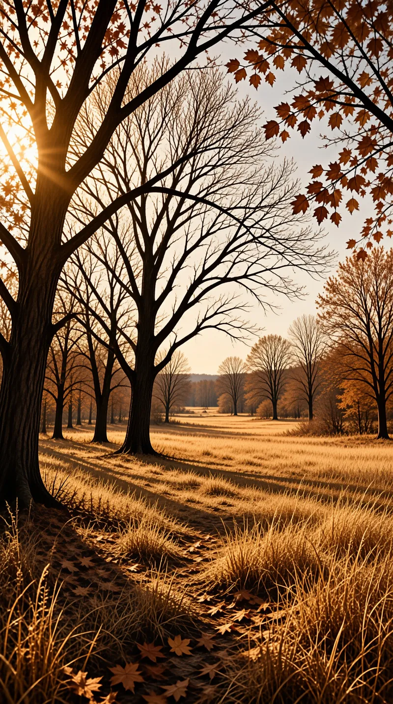 A row of tall trees with golden autumn foliage lines an open dry grassy meadow under warm low sunlight casting long dark shadows.